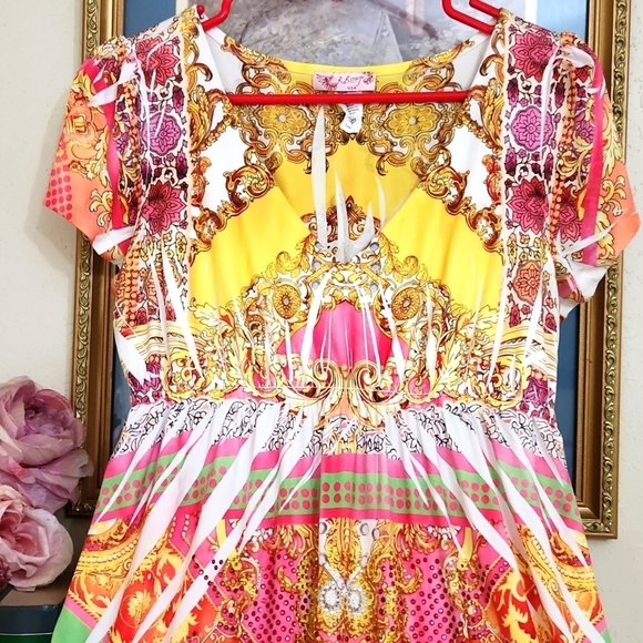 Vibrant Multicolor Short Sleeve Bohemian Dress Size Large Colorful Art To Wear - Picture 2 of 8